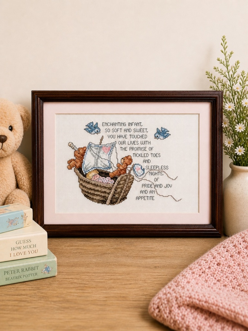 Vintage 1990s Baby Cross Stitch Sampler Framed Nursery Wall Art Cottagecore